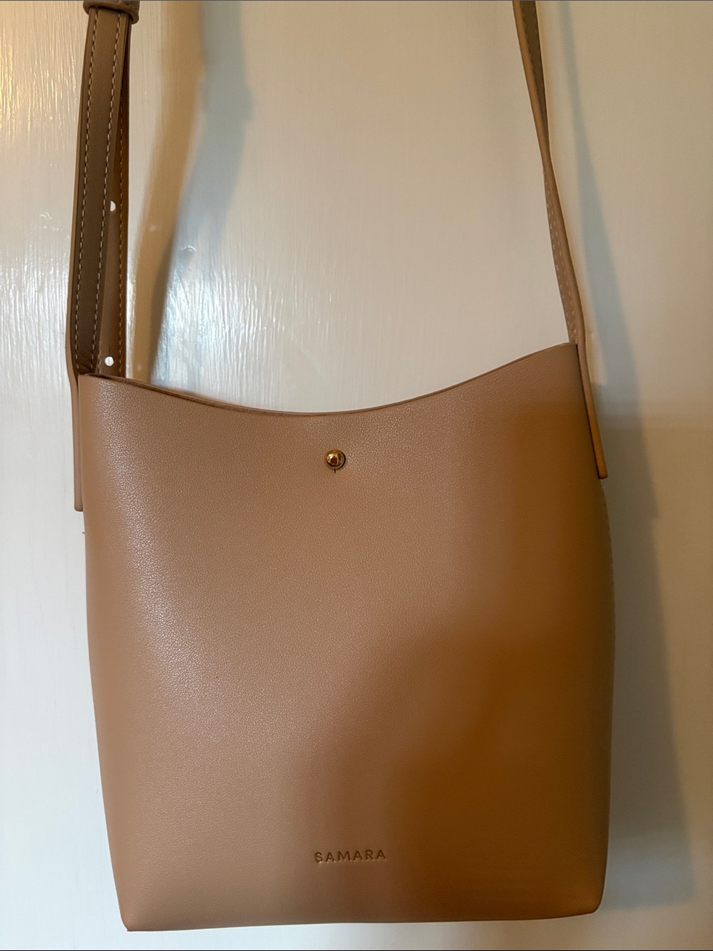 Minimalist Tan Samara Crossbody Bucket Bag with Adjustable Strap